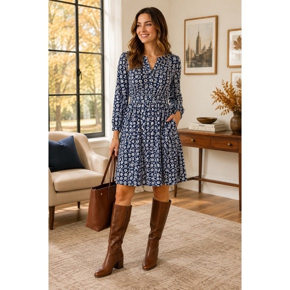 Boden Dresses & Skirts - Boden Floral Dress 6 Navy Ivory Fit Flare Long Sleeve Pockets Work Career NWOT